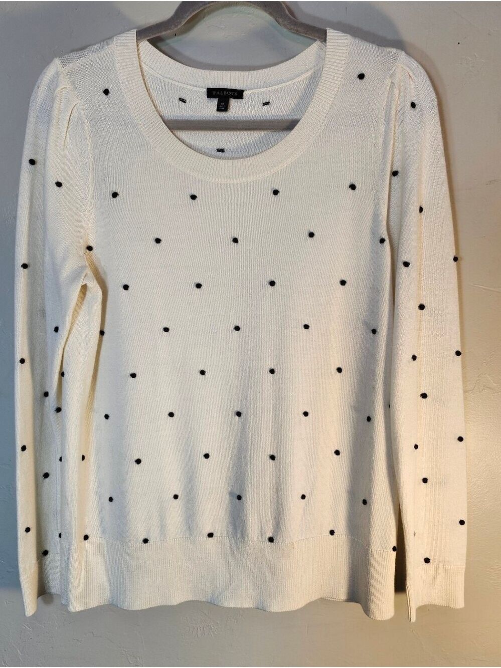 Talbots Cream Crewneck Sweater with Black Polka Dots